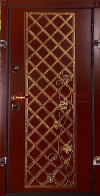 Бордовая металлическая дверь с ковкой ДК-10 для квартиры в Орехово-Зуево