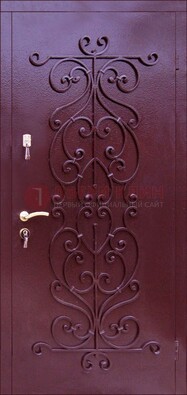 Бордовая металлическая дверь с ковкой ДК-21 в кирпичный дом в Орехово-Зуево
