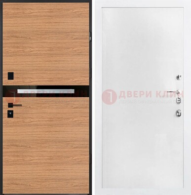 Железная коричневая дверь с МДФ в белом цвете ДМ-313 в Орехово-Зуево
