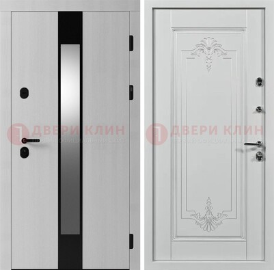 Белая металлическая дверь МДФ с зеркальной вставкой ДМ-324 в Орехово-Зуево