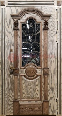 Железная дверь с массивом дуба со стеклом и ковкой ДМД-47 в Орехово-Зуево