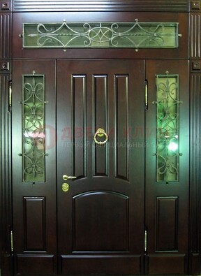Стальная парадная дверь со стеклом и ковкой ДПР-18 для деревянного дома в Орехово-Зуево