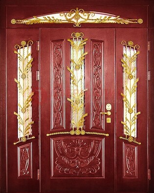 Бордовая железная парадная дверь со стеклом и ковкой ДПР-75 в Дедовске