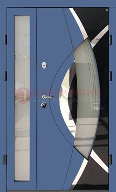 Синяя металлическая дверь со стеклом и узором ДС-13 в Орехово-Зуево