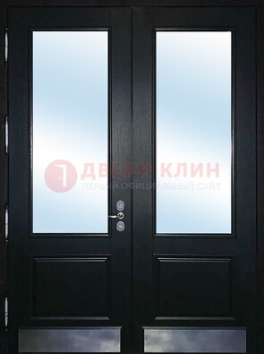 Черная двухстворчатая металлическая дверь со стеклом ДС-25 в Орехово-Зуево