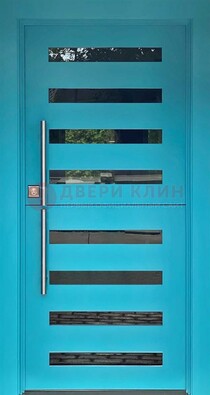 Голубая уличная дверь с МДФ панелью и стеклом ДС-51 в Орехово-Зуево