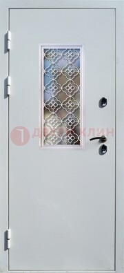 Серая металлическая дверь со стеклом и ковкой ДС-75 в Орехово-Зуево