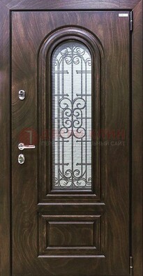 Темная филенчатая железная дверь со стеклом и ковкой ДСК-102 в Санкт-Петербурге
