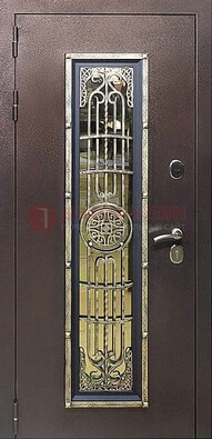 Железная дверь цвета медный антик со стеклом и ковкой ДСК-105 в Орехово-Зуево