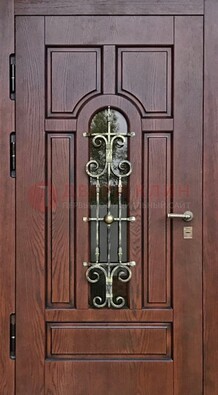 Cтальная дверь со стеклом и ковкой в коричневом цвете ДСК-119 в Орехово-Зуево