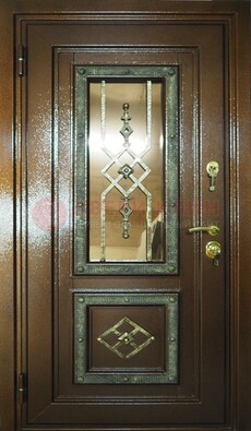 Теплая входная дверь со стеклом и ковкой разноцветной ДСК-13 в Орехово-Зуево
