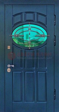 Синяя металлическая дверь со стеклом и ковкой ДСК-143 в Орехово-Зуево