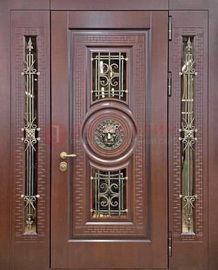 Коричневая стальная дверь со стеклом и ковкой ДСК-147 с фрамугами в Орехово-Зуево
