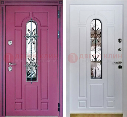 Розовая металлическая дверь со стеклом и ковкой ДСК-151 в Орехово-Зуево