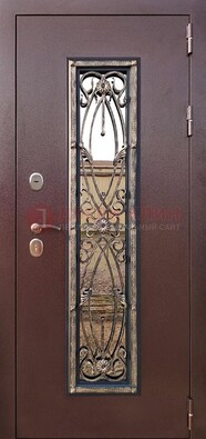 Коричневая стальная дверь порошок со стеклом и ковкой для дома ДСК-169 в Бронницах