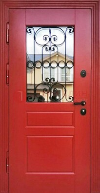 Красная железная дверь Винорит со стеклом и ковкой ДСК-205 в Орехово-Зуево