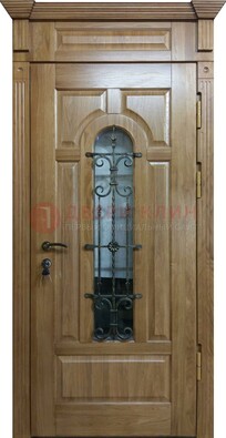 Металлическая дверь массив со стеклом и ковкой для дома ДСК-246 в Орехово-Зуево