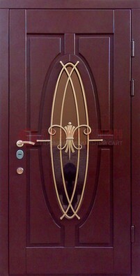 Бордовая стальная дверь Винорит со стеклом и ковкой ДСК-263 в Орехово-Зуево
