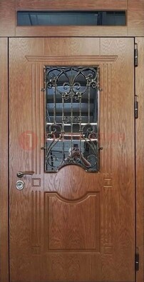 Металлическая входная дверь со стеклом и ковкой для дома ДСК-96 в Орехово-Зуево
