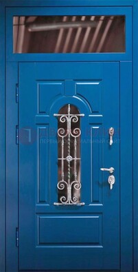 Синяя железная филенчатая дверь со стеклом и ковкой ДСК-97 в Орехово-Зуево