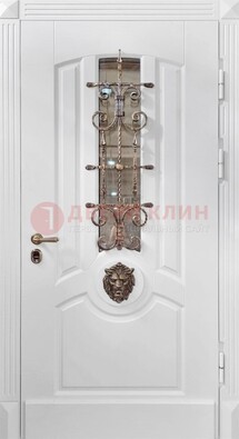 Белая металлическая дверь с виноритом и стеклом с ковкой ДВТ-165 в Орехово-Зуево