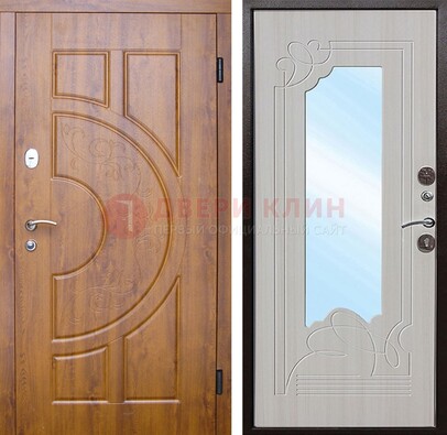 Коричневая металлическая дверь c МДФ с узором и зеркалом ДЗ-105 в Орехово-Зуево