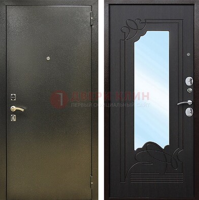 Железная темная дверь c порошковым напылением и МДФ с узором и зеркалом ДЗ-111 в Щелково