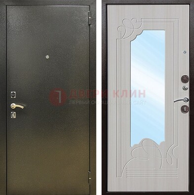 Входная темно-серая дверь c порошковым покрытием и МДФ с резьбой и зеркалом ДЗ-113 в Орехово-Зуево