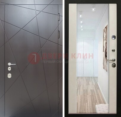Железная коричневая дверь со светлой МДФ внутри и зеркалом ДЗ-125 в Орехово-Зуево