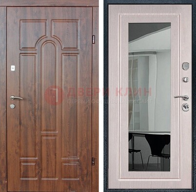 Входная коричневая дверь с МДФ Белый дуб и зеркалом ДЗ-126 в Орехово-Зуево