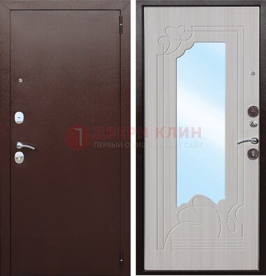 Коричневая металлическая дверь с зеркалом МДФ внутри ДЗ-33 в Орехово-Зуево