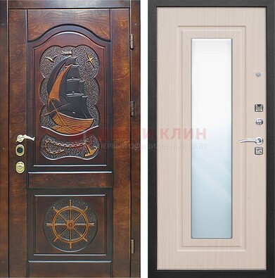 Темная дверь с резьбой и зеркалом внутри ДЗ-49 в Орехово-Зуево