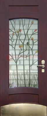 Бордовая стальная дверь с витражом и декоративным элементом ВЖ-3 в Орехово-Зуево